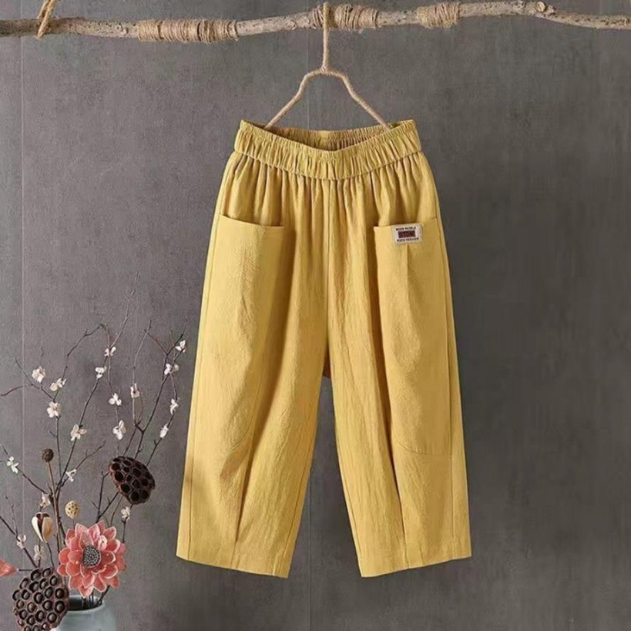 Cotton Hemp Cropped Trousers Women Spring Summer Plus Size Loose Linen Elastic Waist Pants