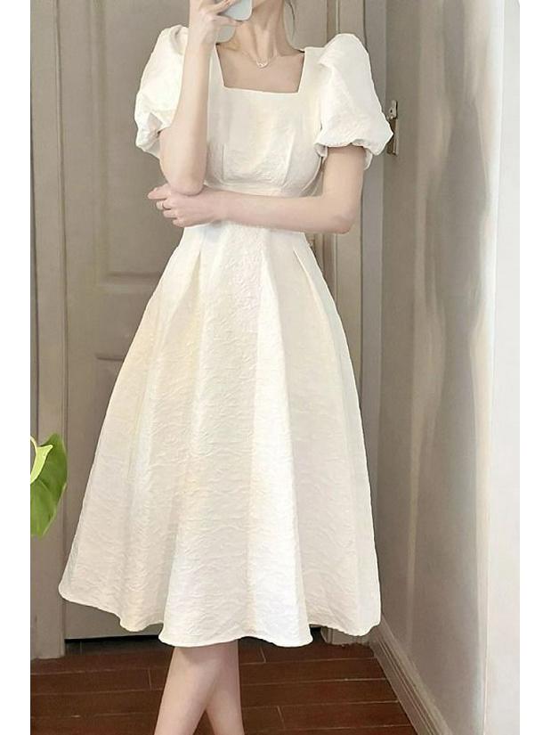 Women's Summer White Swing Dress with Square Neck and Waist-Slimming Design