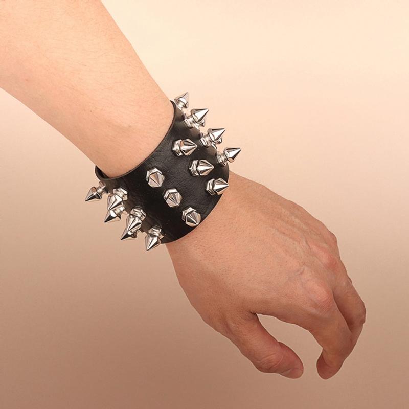 Spiked Studded Bracelet Black Leather Rivets Punk Bracelet Cuff Wrap Bangle Metal Snap Button Wristband for Men Women
