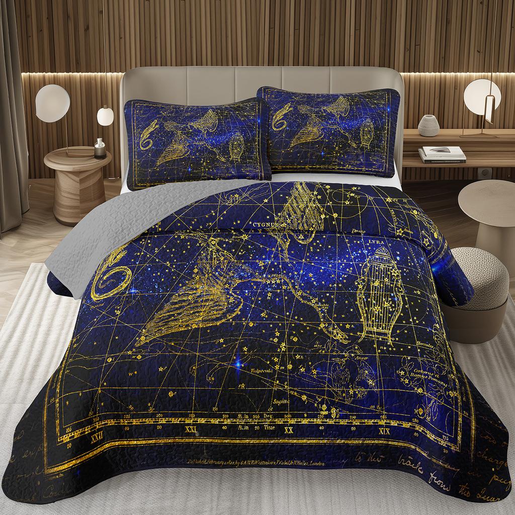 Zodiac Constellation Bedspread Queen/King/Twin Boho Exotic Coverlet Galaxy Star Quilted Bedding Set for Girls Women Room Decor