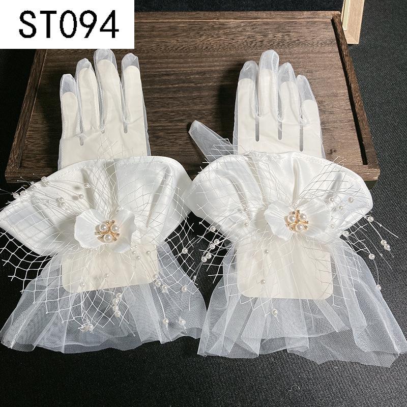 Lace Pearl Satin Bridal Gloves - Short Wedding Photo Accessory