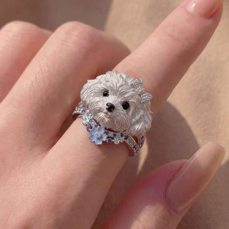 3D Puppy Kitten Ring Adorable Crown Bow Enamel Animal Design Perfect for Women Jewelry Gifts