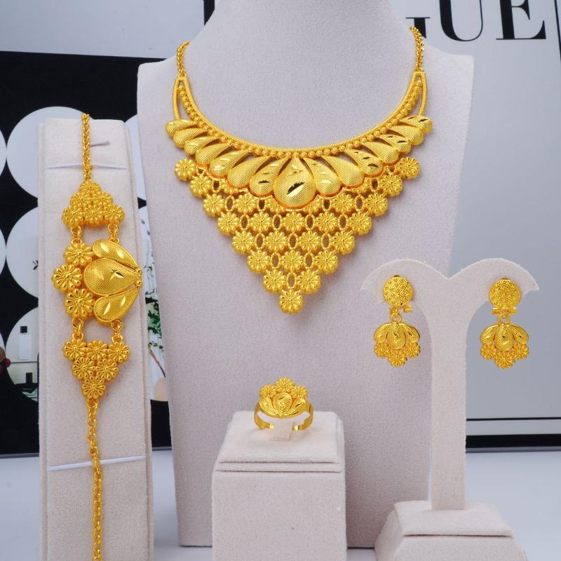 4-Piece Flower Fashion Bridal Wedding Necklace Earrings Bracelet Ring Jewelry Set