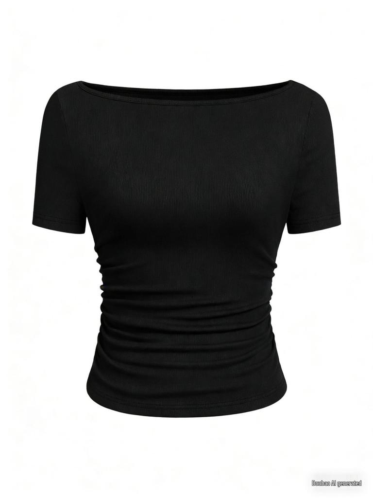 2025 Jesień Dopasowany Damski Top z Dekoltem Łódkowym, Dzwonkowym Rękawem i Marszczeniami - Jednolity Kolor, Długi Rękaw