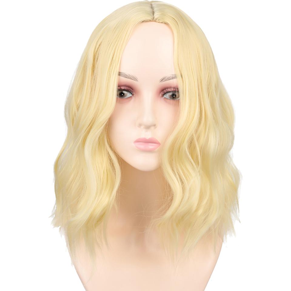 Blonde Einhorn kurze lockige blonde Bob-Perücken mit Pony für Frauen, tägliche Party, natürliches Haar, synthetisches, hitzebeständiges Faserhaar