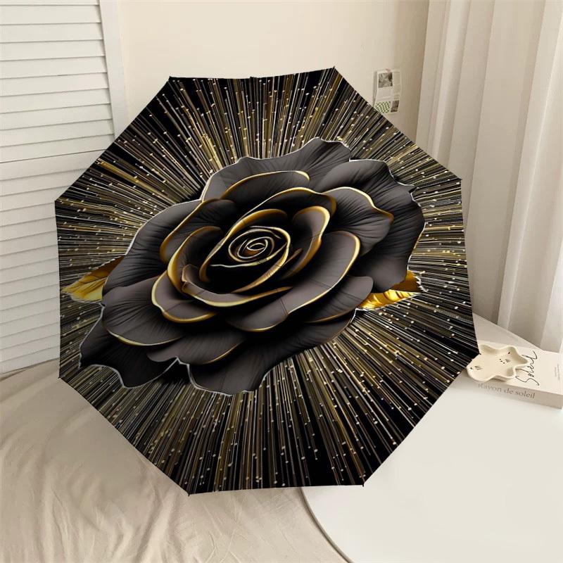 

1pc Black Rose Golden Sparkles Automatic Open/Close Umbrella Compact Folding Umbrella with 8-Rib Shaft for Women/Men, Elegant Birthday1124S