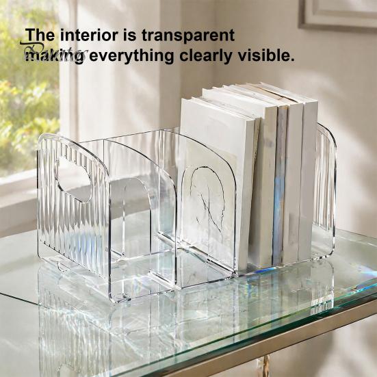 Clear Stationery Organizer Magazine Holder, 3/4-Compartment Desk Organizer, Vertical Bookend File Acrylic Bookends for Shelves Sorter Holder