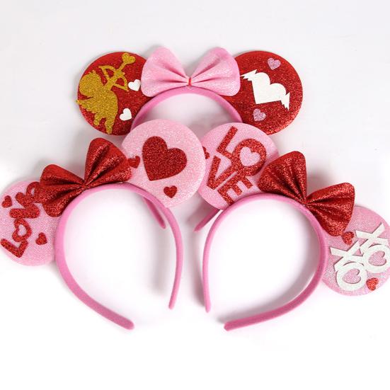 Tiara de Dia dos Namorados Glitter Vermelho Rosa Coração Faixa de Cabelo Brilhante Fofa Acessórios de Cabelo de Orelha para Dia dos Namorados Aniversário Festa de Casamento Fantasia