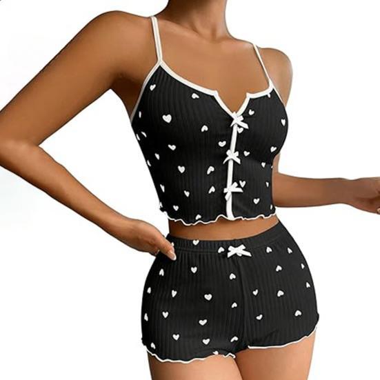 2 Pcs/Set Women Vest Shorts Suit Bow Heart Print Sleeveless Shirring Top High Waist Short Trousers Homewear Loungewear Outfit Summer Sleepwear