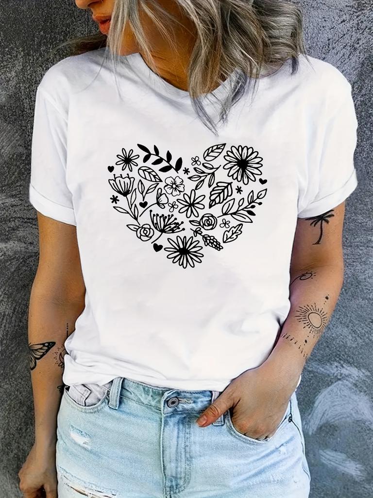 Floral Heart Print T-shirt, Short Sleeve Crew Neck Casual Top for Summer & Spring, Women's Clothing