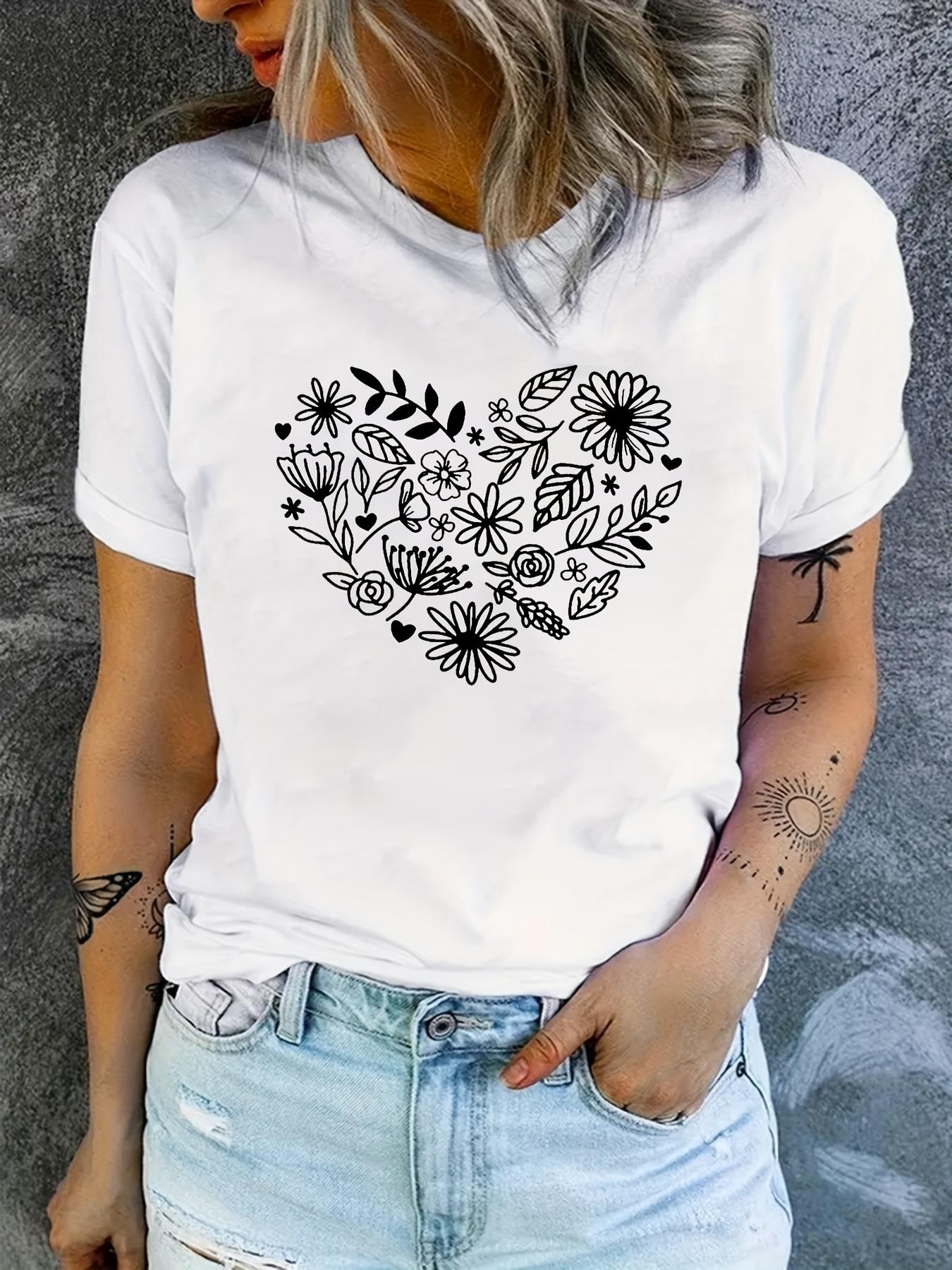 

Floral Heart Print T-shirt, Short Sleeve Crew Neck Casual Top for Summer & Spring, Women s Clothing S белый