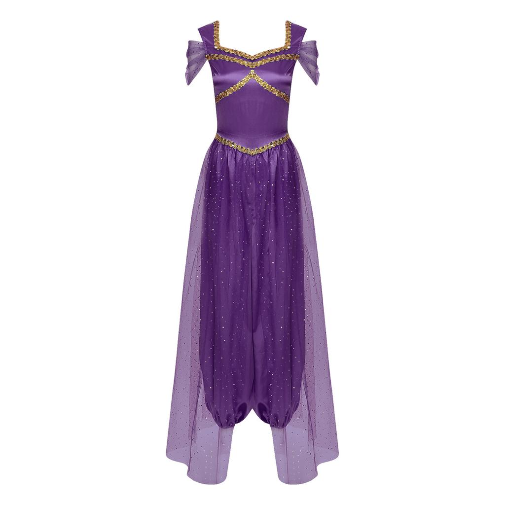 Womens Belly Dance Jumpsuit Sequin Trim Pumpkin Pants Tulle Overlay One Piece Romper Halloween Arabic Cosplay Party