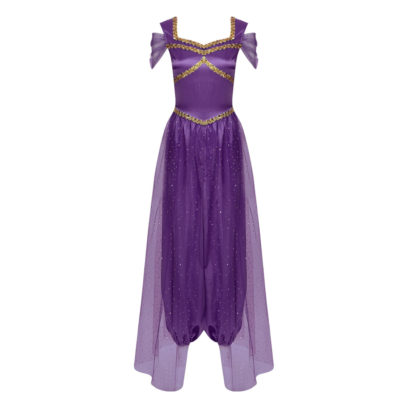 Damen Bauchtanz Jumpsuit Paillettenbesatz Kürbishose Tüllüberrock Einteiler Romper Halloween Arabisch Cosplay Party XXL dunkelviolette