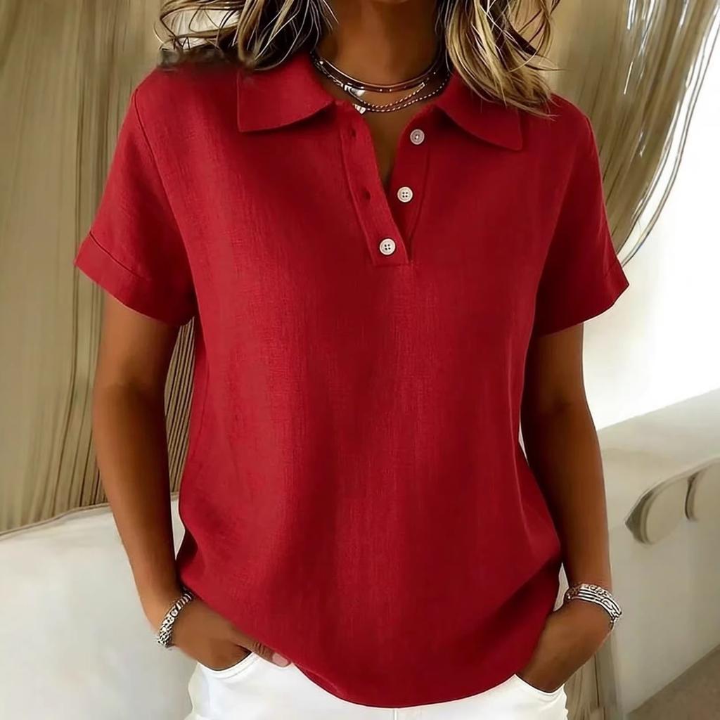 Ladies' Fashionable Casual Button Cotton Linen Short Sleeved Shirt Top