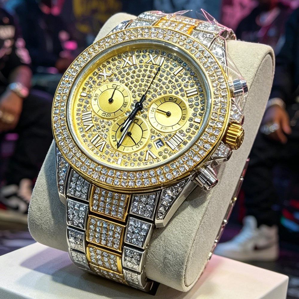 Luxury Mens Watches Full Diamond Iced Out Calendar Quartz Watches Fashion Week Display Waterproof Clock