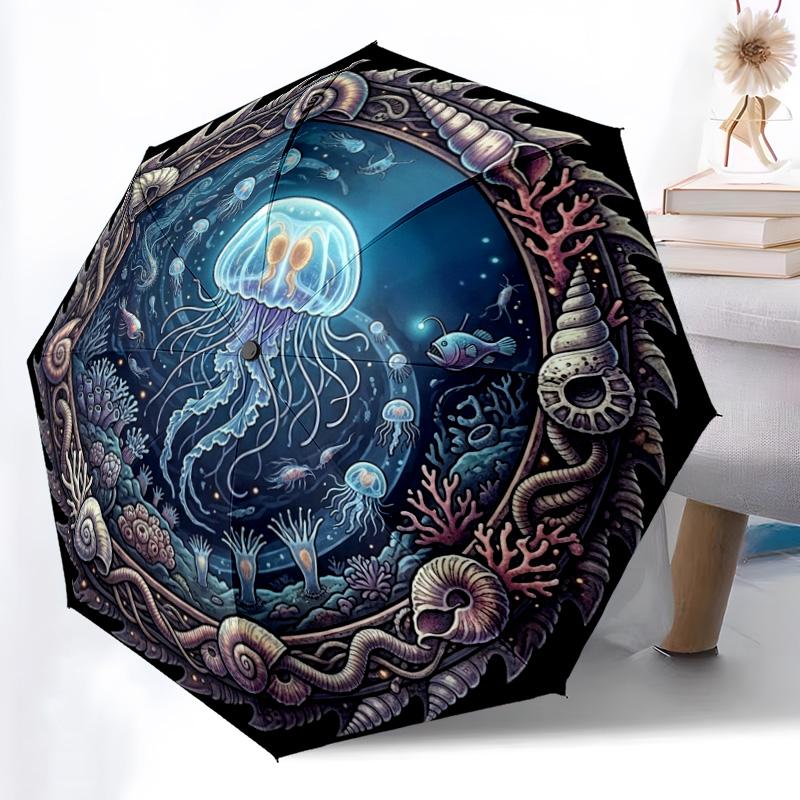 Oceanic Fantasy Circle Pattern Umbrella, Portable and Foldable Design, 8 Ribs, a Casual Accessory for Halloween, Christmas, and Birthday Gifts.