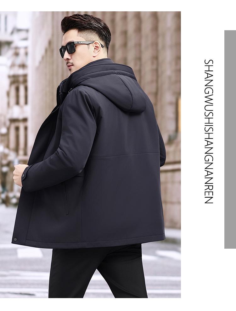 Men's Hooded Winter Jacket with Detachable Liner – 90% Goose Down, Warm Mid-Length.