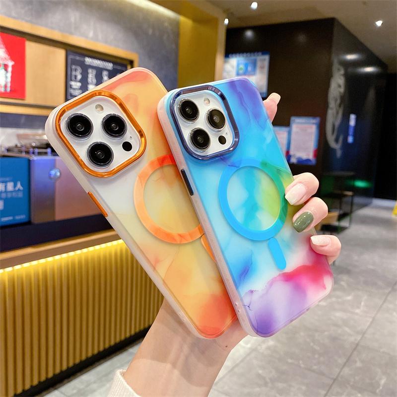 Luxury Watercolor Phone Case for iPhone 14 Plus Magnetic Cases Matte Marble Magnetic Transparent Cover for iPhone 13  14 Pro Max