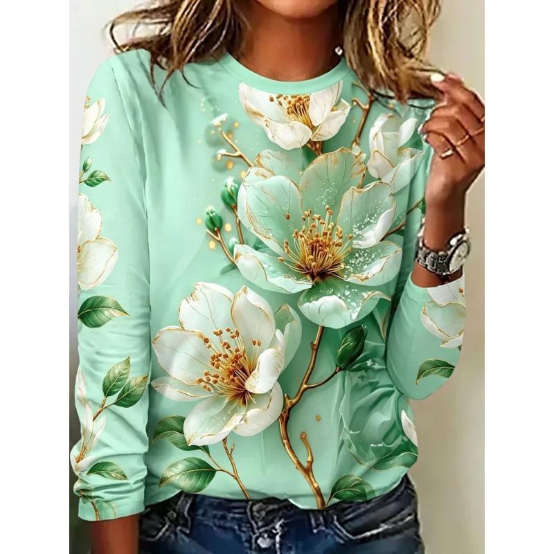 Autumn and Winter Women's Flower 3D Printed Crew Neck Long Sleeve T-Shirt
