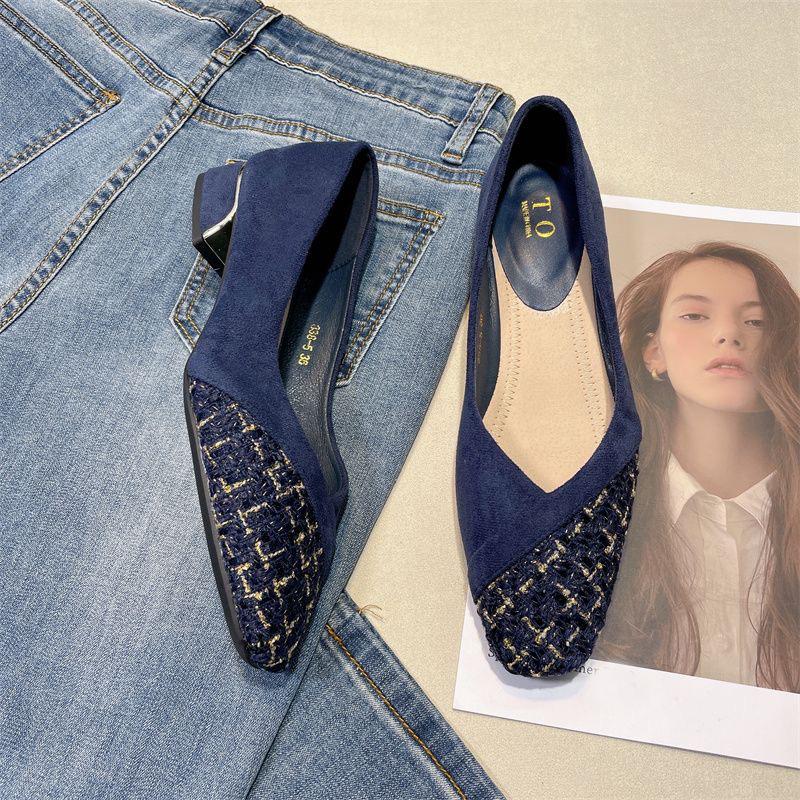 Vår Sommar Kvinnor Höga Klackar Eleganta Dam Pumps Mjukt Tyg Fyrkantig Klack 3.5cm Svart Blå Röd Plus Storlek 42