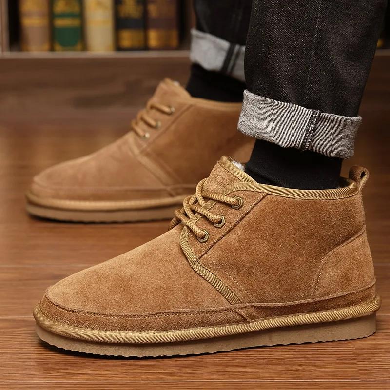 New Men Shoes Winter Snow Boots Genuine Suede Leather High Top Casual Shoes Warm Plush Ankle Boots