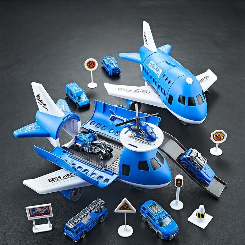 1 Set Christmas Gift Children'S Airplane Car Toy Inertial Airplane Model With 6 Road Signs Random 3 Cars And 1 Helicopter