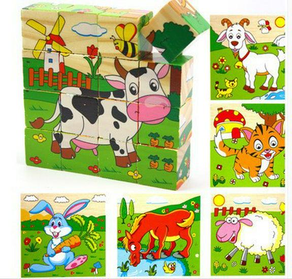 Children's 9-Piece Wooden 3D Puzzle Blocks - Six-Sided Painted Creative Toy for Kindergarten 