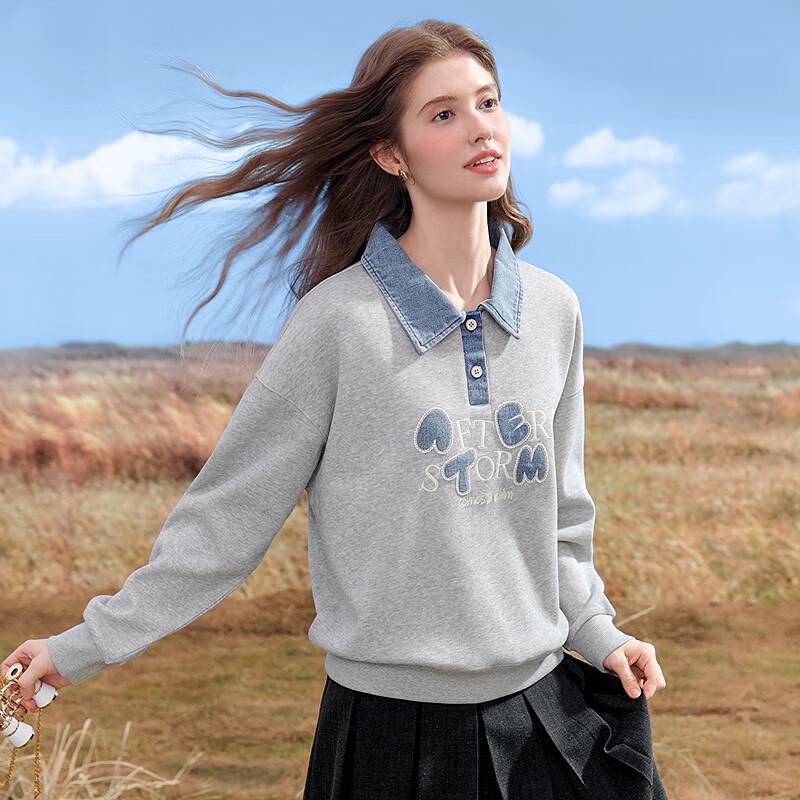 BETU Women's 2025 Autumn Embroidered Denim Patchwork Sweatshirt