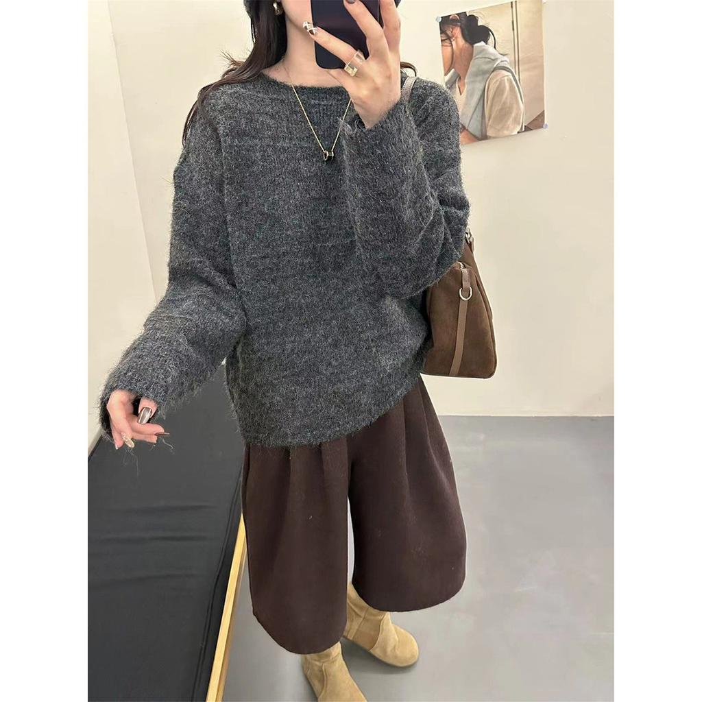 Women Autumn Winter Loose Knitted Sweater Soft Warm Long Sleeve Solid Color Casual Oversized Pullover Daily Streetwear Tops