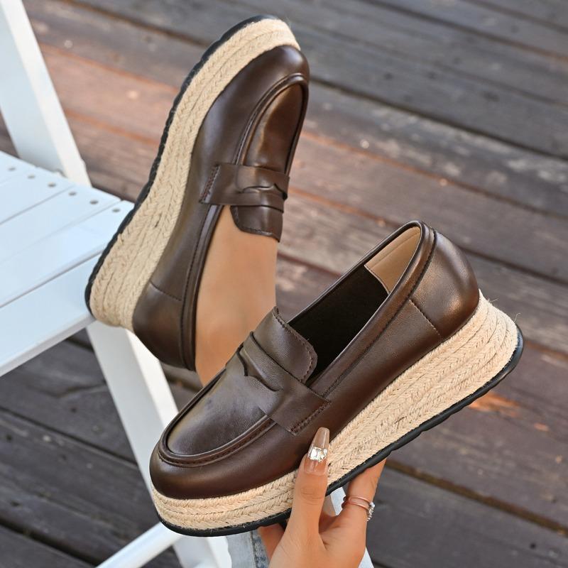 Women's Espadrille Platform Loafers - Round Toe Slip-On Casual Flats with Chunky Sole, Minimalist Fall Shoes