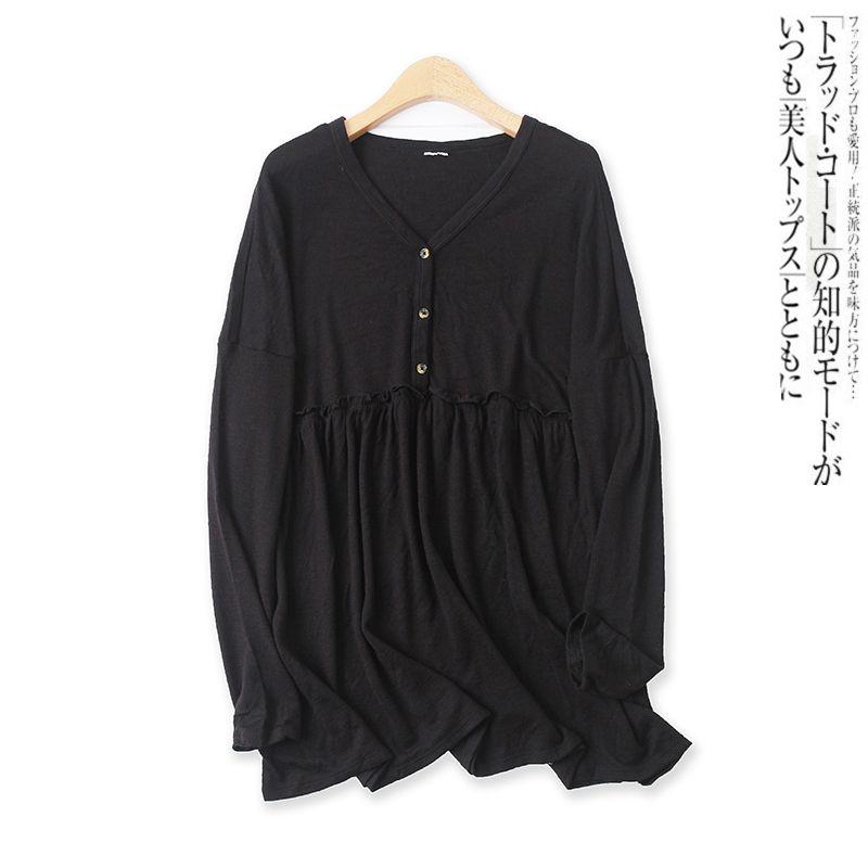 

Женская одежда футболка с оборками, V-образным вырезом, свободного кроя, с длинным рукавом, трикотаж Black L