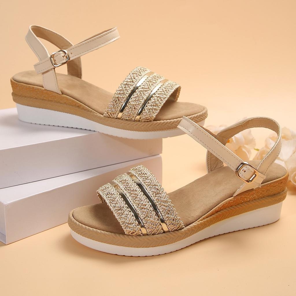 Straw Rhinestone Flash Wedge Heel Platform Sandals 2024 Summer New Simple and Comfortable Fashion Buckle High Heels