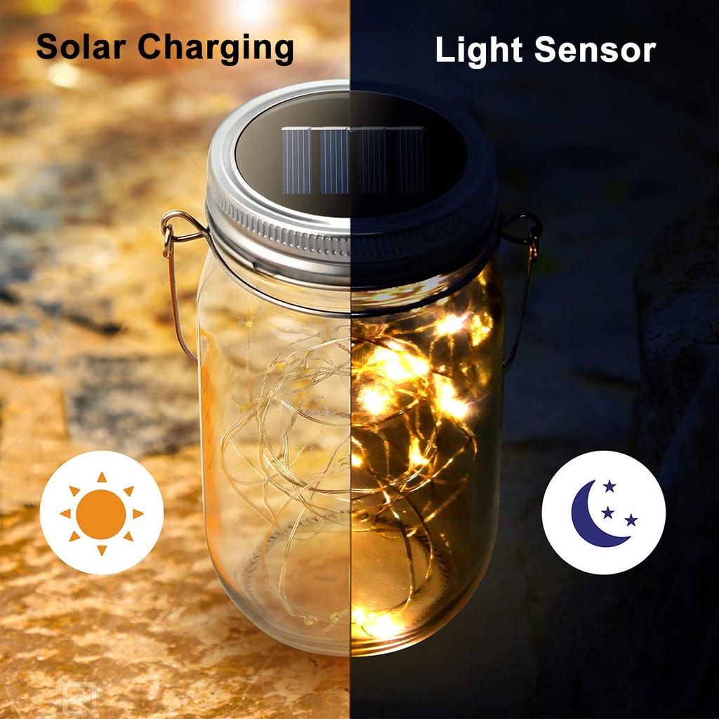 Solar Mason Jar Lights with 8 Handles 10 Led String Lights Fairy Solar Lights Lids Jar Decoration Garden Party Christmas Decor