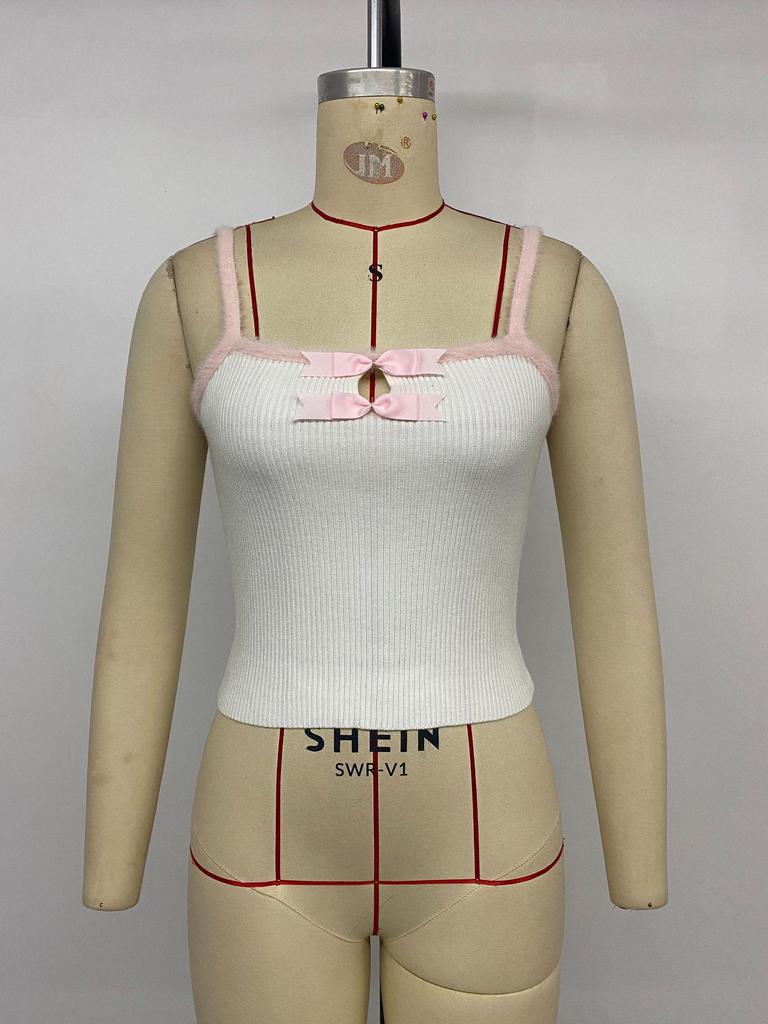 2026 Spicy Sweet Style Color Block Cropped Camisole with Hollow-out Bowknot for Women