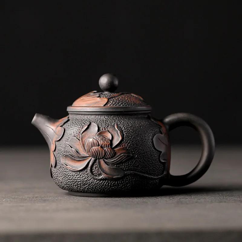 Čína Jianshui fialová hlína černá keramická ručně vyřezávaná konvice na čaj s dračí řezbou, porcelánová kung-fu čajová sada na pití
