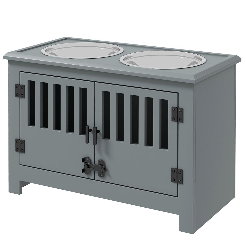 Raised Dog Bowls, Pet Feeding Station, with Storage, Food and Water Bowls, for Large Dogs - Grey