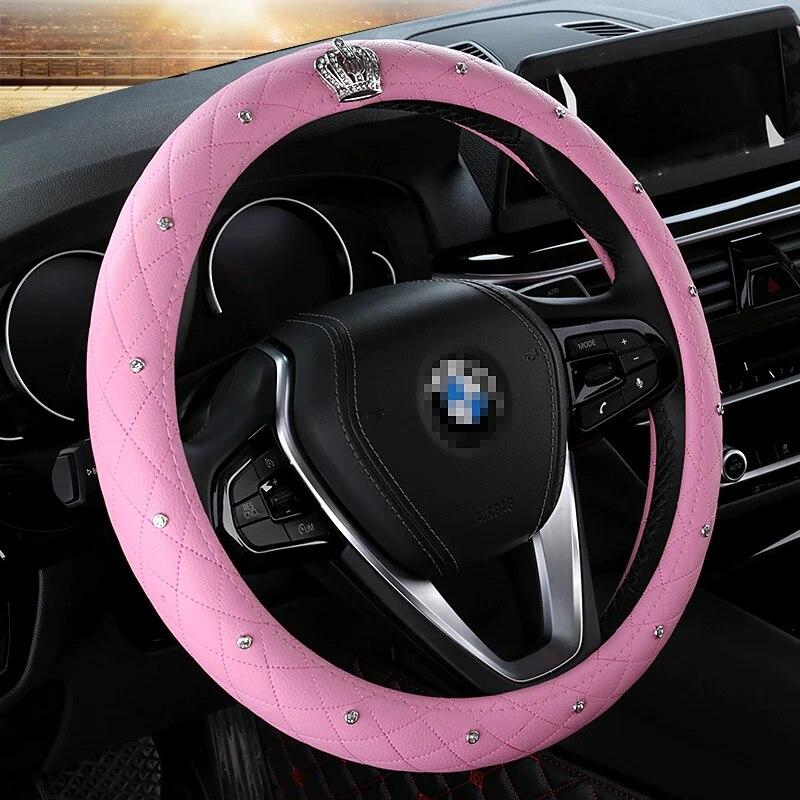 DERMAY Luxury Crystal Crown Studded Rhinestone PU Leather Car Steering Wheel Cover Diamond Steering For Women Girl Car Styling