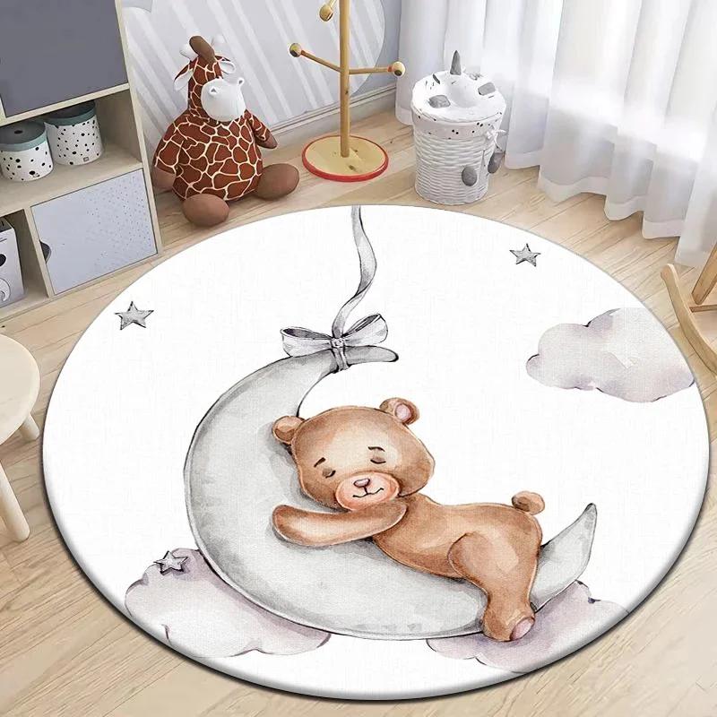 Cartoon Cute Little Bear Animals Round Carpet for Living Room Decor Kid's Bedroom Play Floor Mat Anti-Slip Camping Picnic Mats