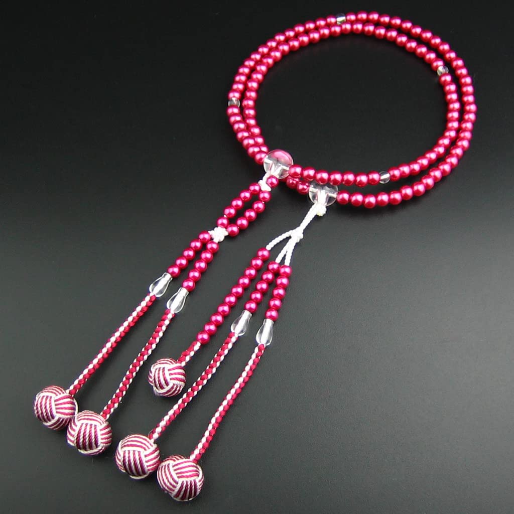 Myorenka Soka Gakkai Prayer Beads, SGI Prayer Beads for Women, Medium, PC Pearl, Wine Red, Acrylic Crystal Finish (Two-Color Temari Tassel)