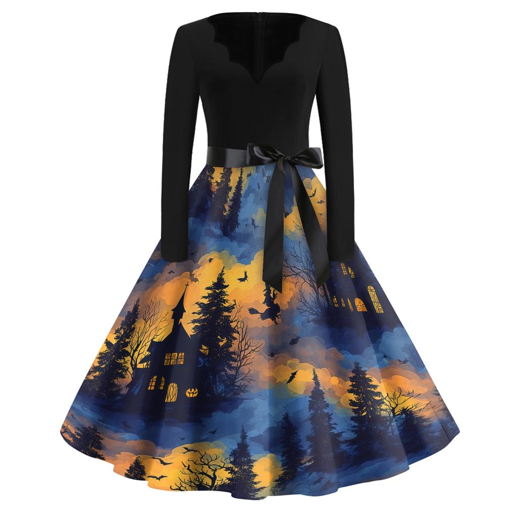 Women Casual Vintage V Neck Dress Halloween Printed Long Sleeve Fit Flare Midi Dress with Waist Tie for Seasonal Wear