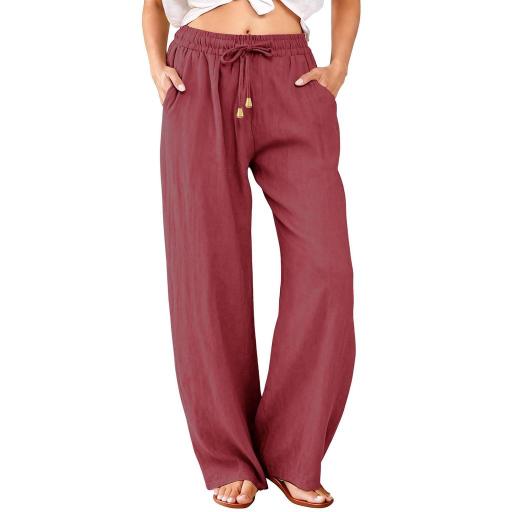 Women’s Drawstring Waist Wide Leg Pants Cotton Linen Loose Fit Casual Relaxed Trousers with Adjustable Waistband