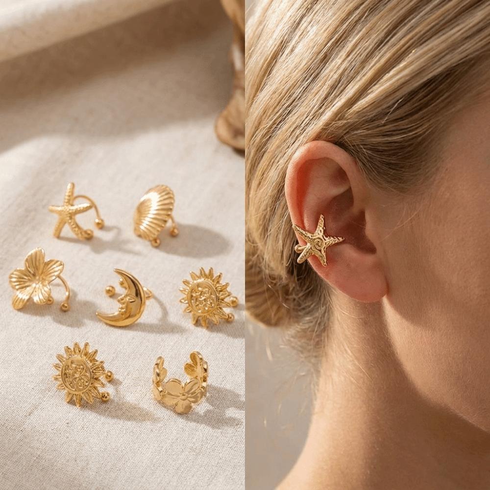 Silver C-shaped Ear Clip Golded Starfish Shell Ring Clip Simple No Piercing Earrings Women