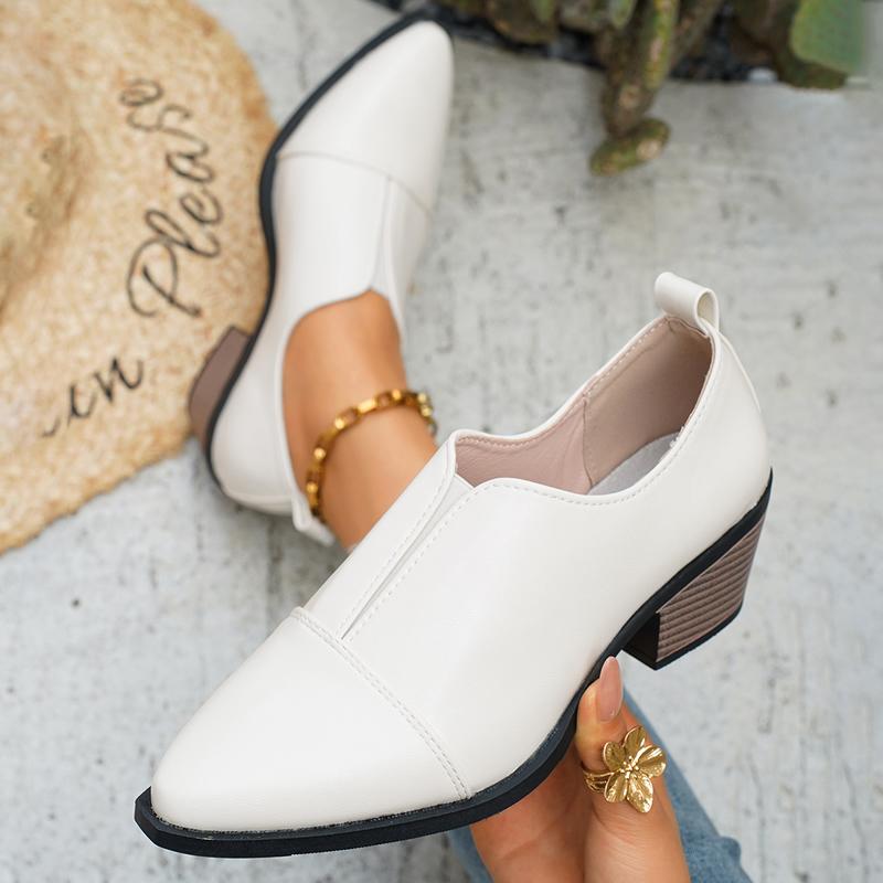 

2025 Туфли на блочном каблуке Одинарные Женские Весенние Новые Круглый носок Матовая вставка Глубокий вырез Противоскользящие Износостойкие Женские Туфли на высоком каблуке 35 белый