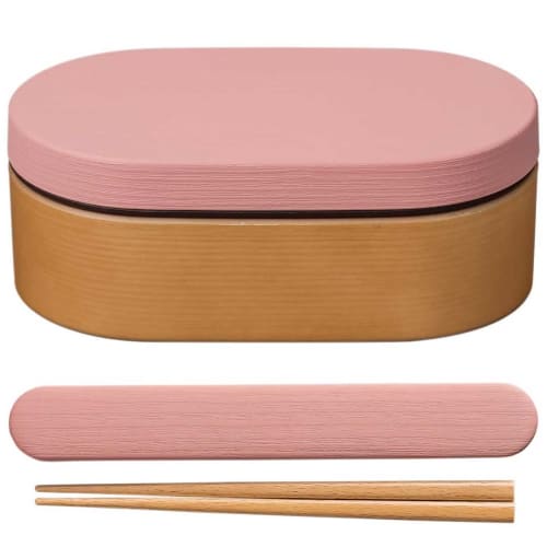 Showa Bento Box, Wood Grain Resin, Rice Non-Stick, Oval Bento Set with Chopsticks and Chopstick Case, Pink, Clean Coat, Microwave and Dishwasher Safe,