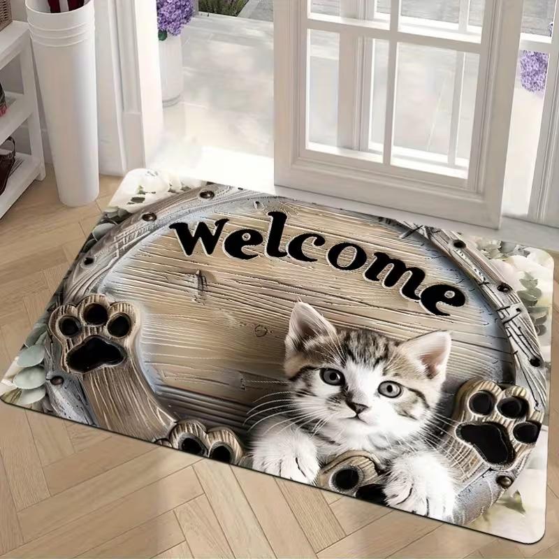 Cute Cartoon Black Cat Print Doormat Funny Cat Welcome Carpet Soft Non-Slip Entryway Carpet for Kitchen Bathroom Living Room