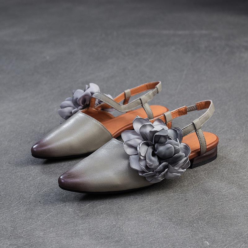 Fashion GKTINOO Genuine Leather French Flower Pointed Toe Sandals 2025 Summer New Retro Versatile Women's Low Heel Shoes