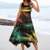 Abito midi da donna casual alla moda, con scollo rotondo, senza maniche, stampa floreale e orlo irregolare