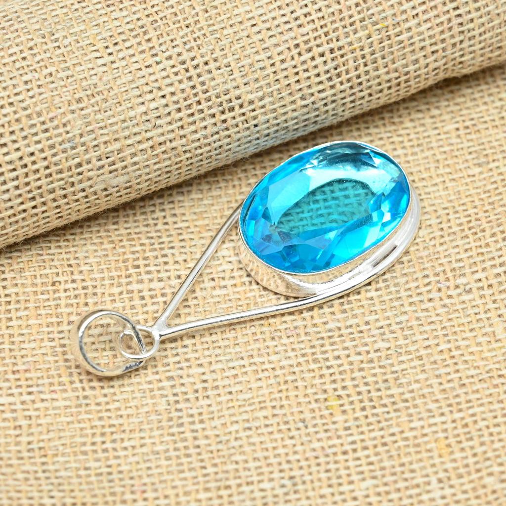 AAA+ Blue Topaz Gemstone 925 Sterling Silver Handmade Engagement Gift Pendant