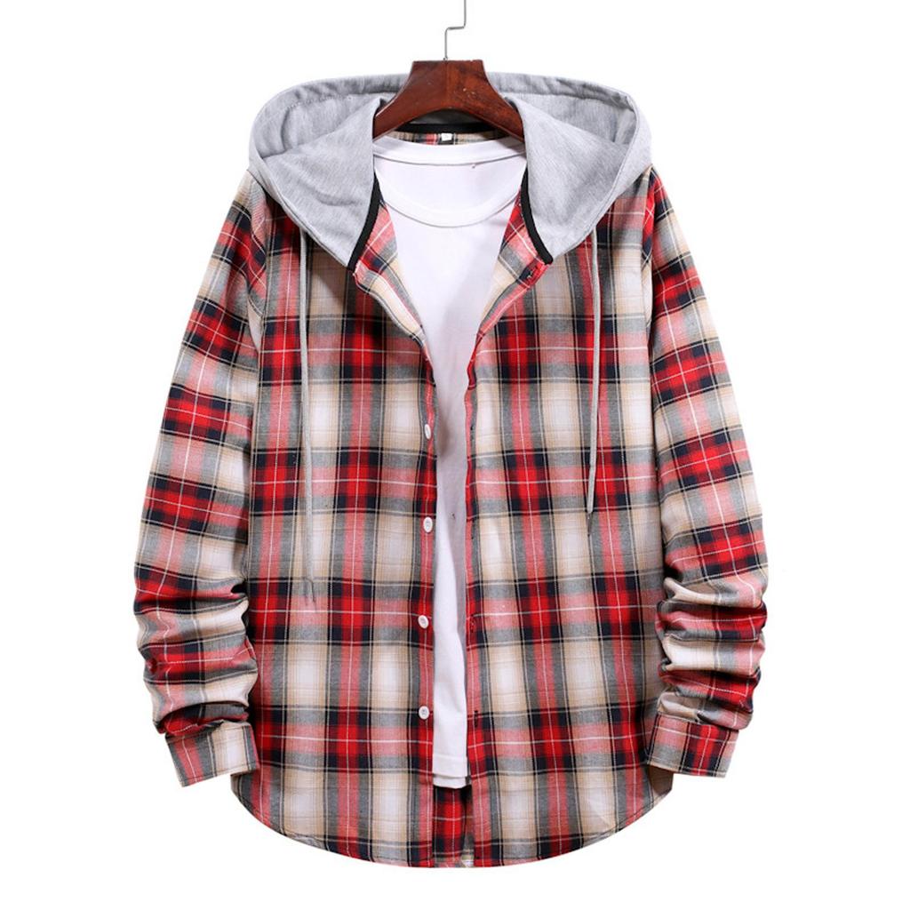 Men Casual Plaid Shirt Hooded Shirts Oversized Casual Shirt Men's Clothes European American Style Handsome Holiday Checked Shirt