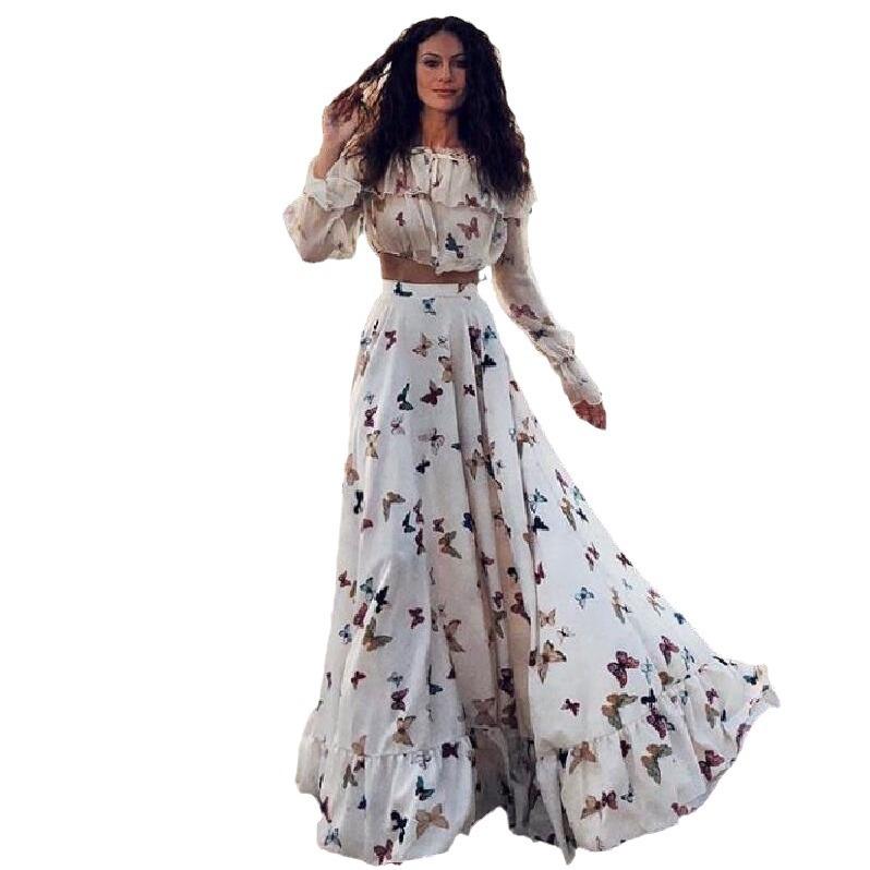 Sommer neue europäische und amerikanische Schmetterlingsprint-Kleid zweiteiliges Set böhmischer großer Rock Strandkleid